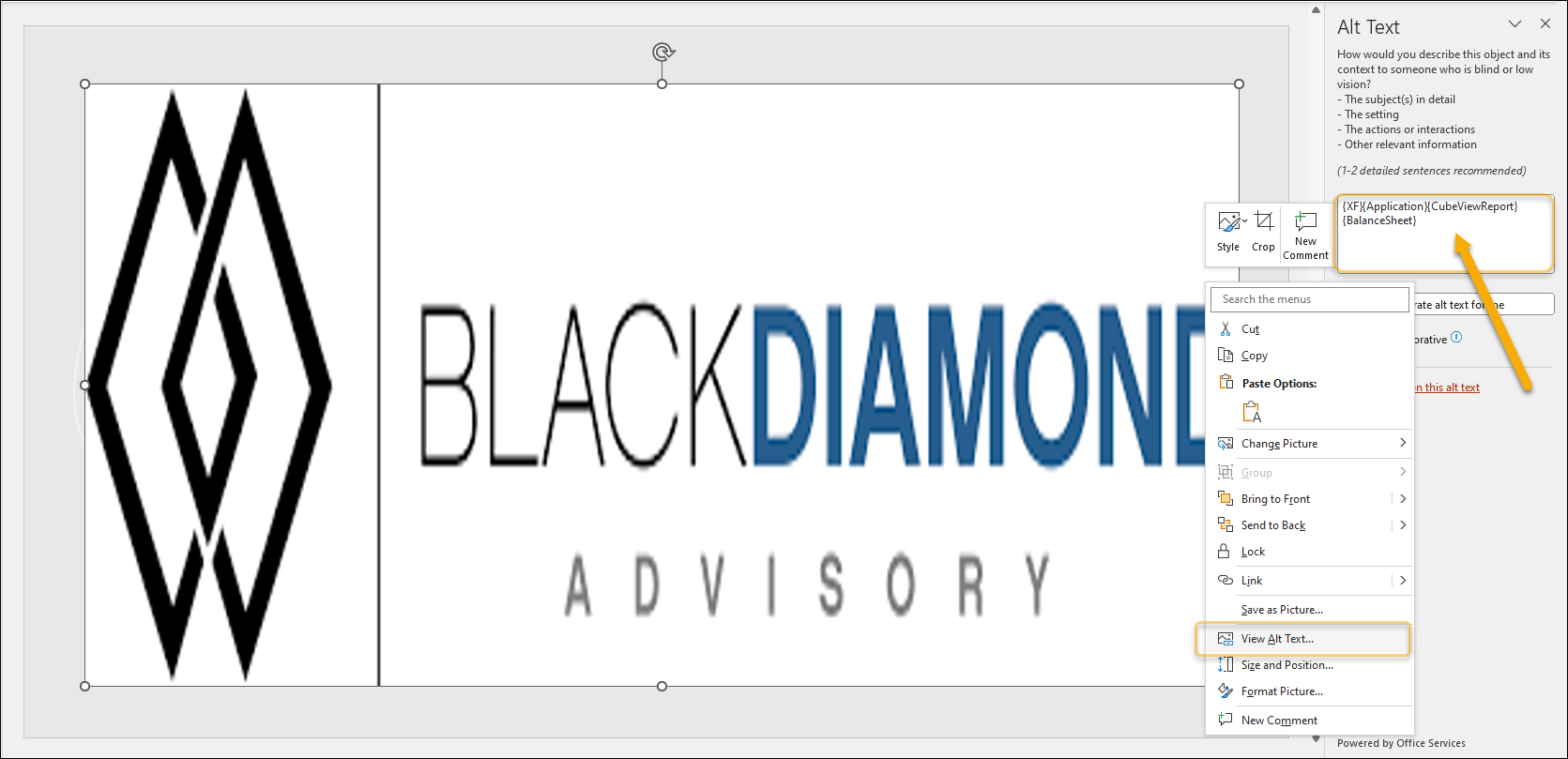 resizing black diamond advisory logo on background