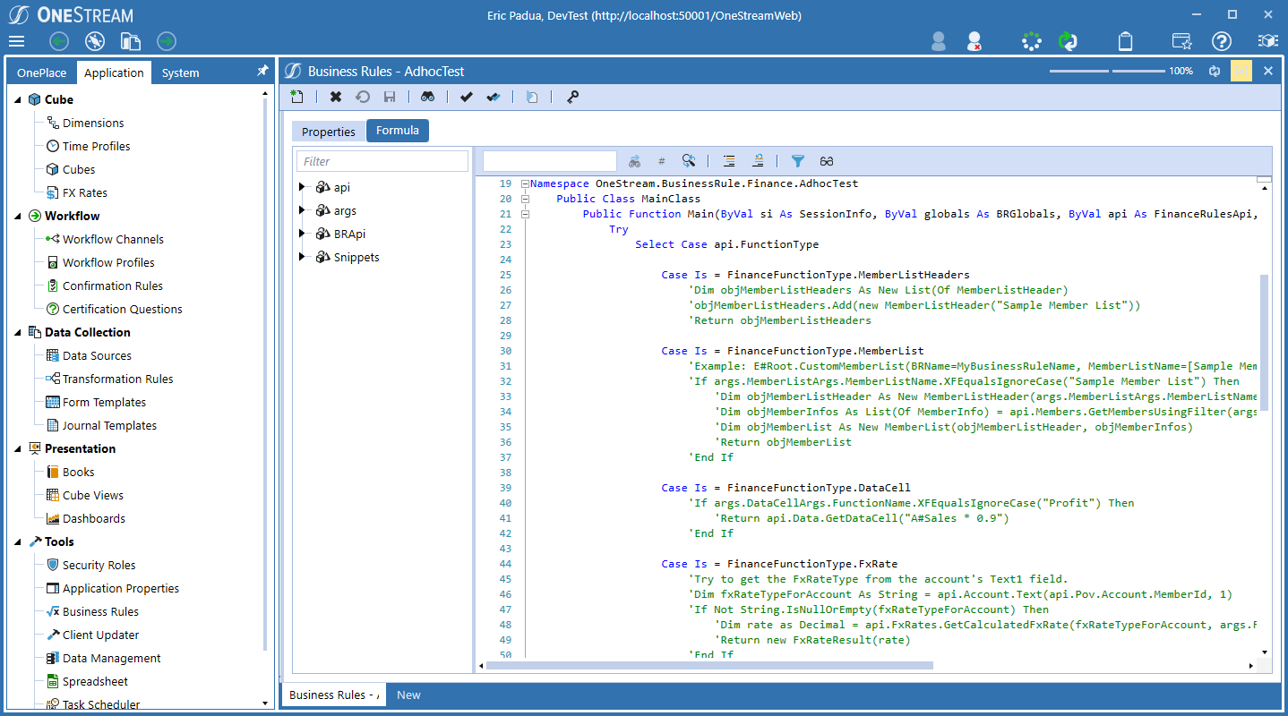 onestream user interface with code