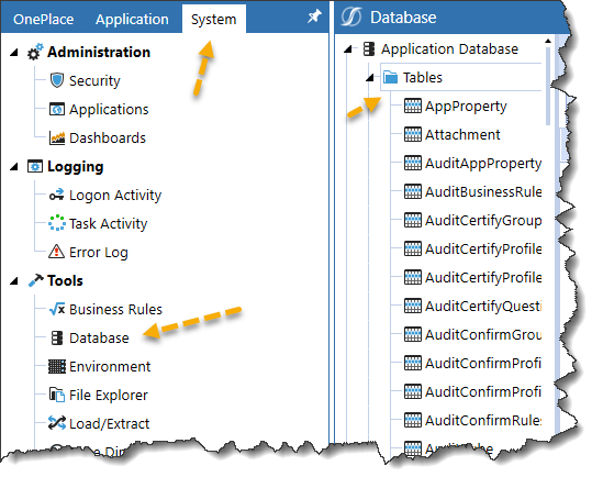 onestream user interface with arrows pointing to system, database, tables
