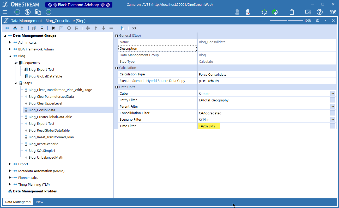 onestream user interface with t#2023m2 highlighted