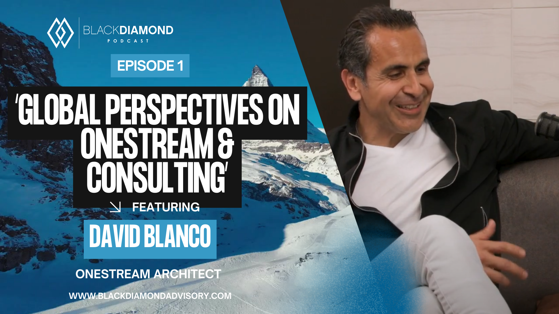 Man sitting in chair next to snowy mountain graphic with title global perspectives on onestream and consulting