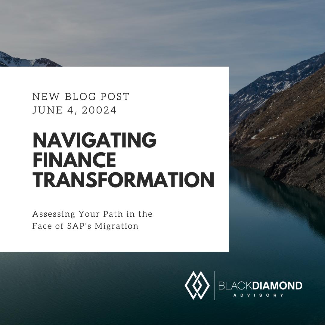 glassy lake with grassy hillside at the foot of snowy mountains with overlay graphic titled navigating finance transformation