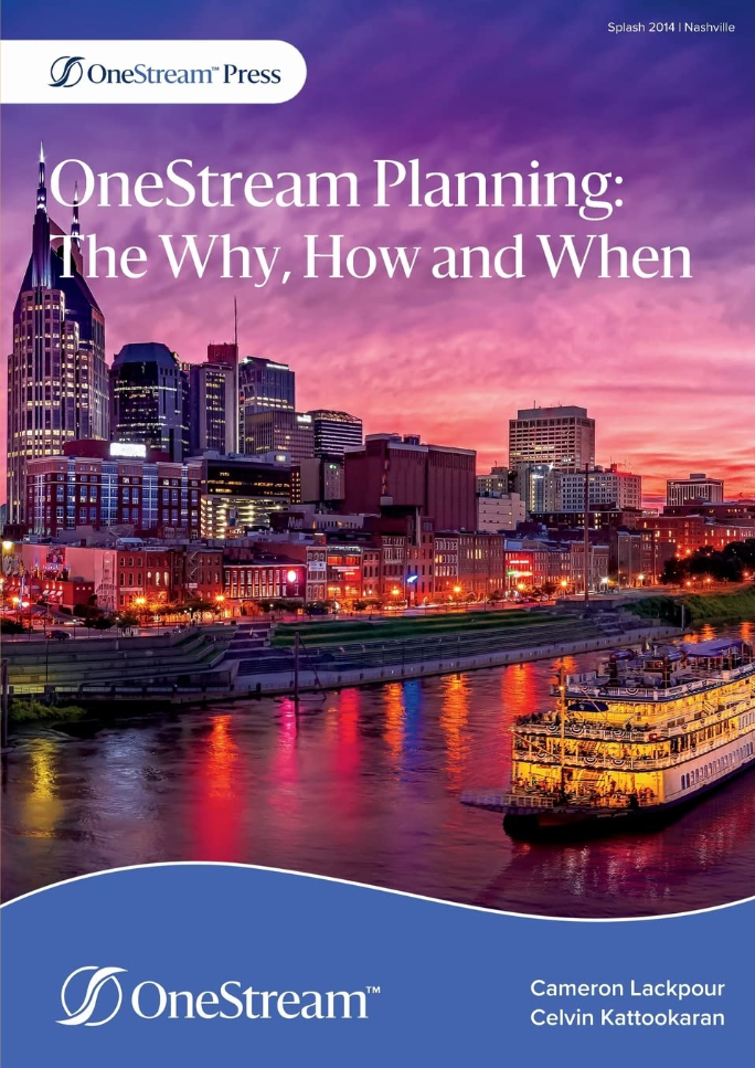 book cover with pink sunset city background with lit up water boat titled onestream planning: the why, how, and when