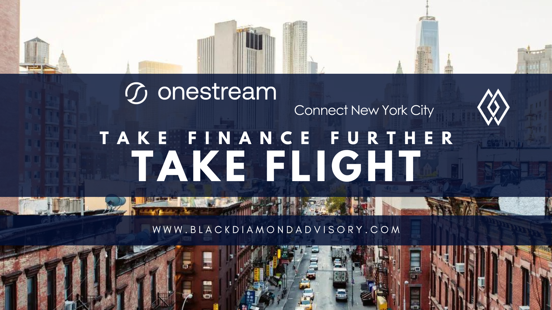 busy city street with brick buildings covered by graphic titled take finance further take flight