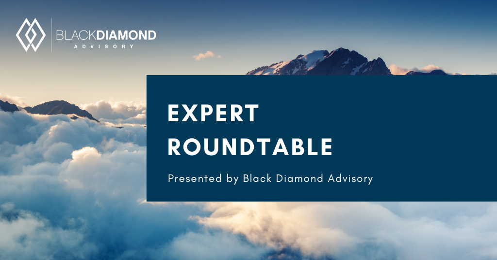 clouds covering a snowy mountain with summit peak covered by graphic titled expert roundtable