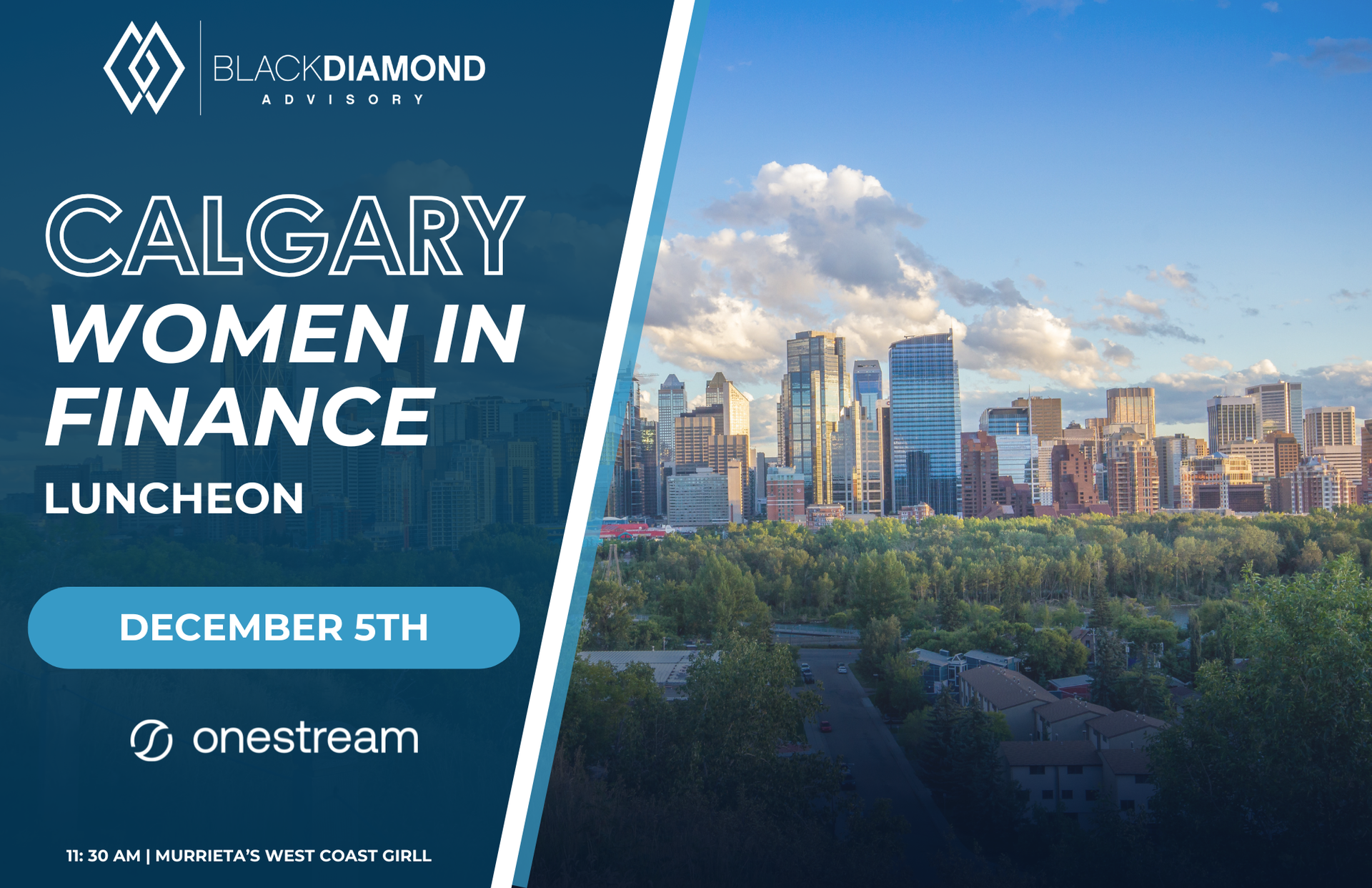 sunny city with banner stating that calgary women in finance luncheon is on december 5th