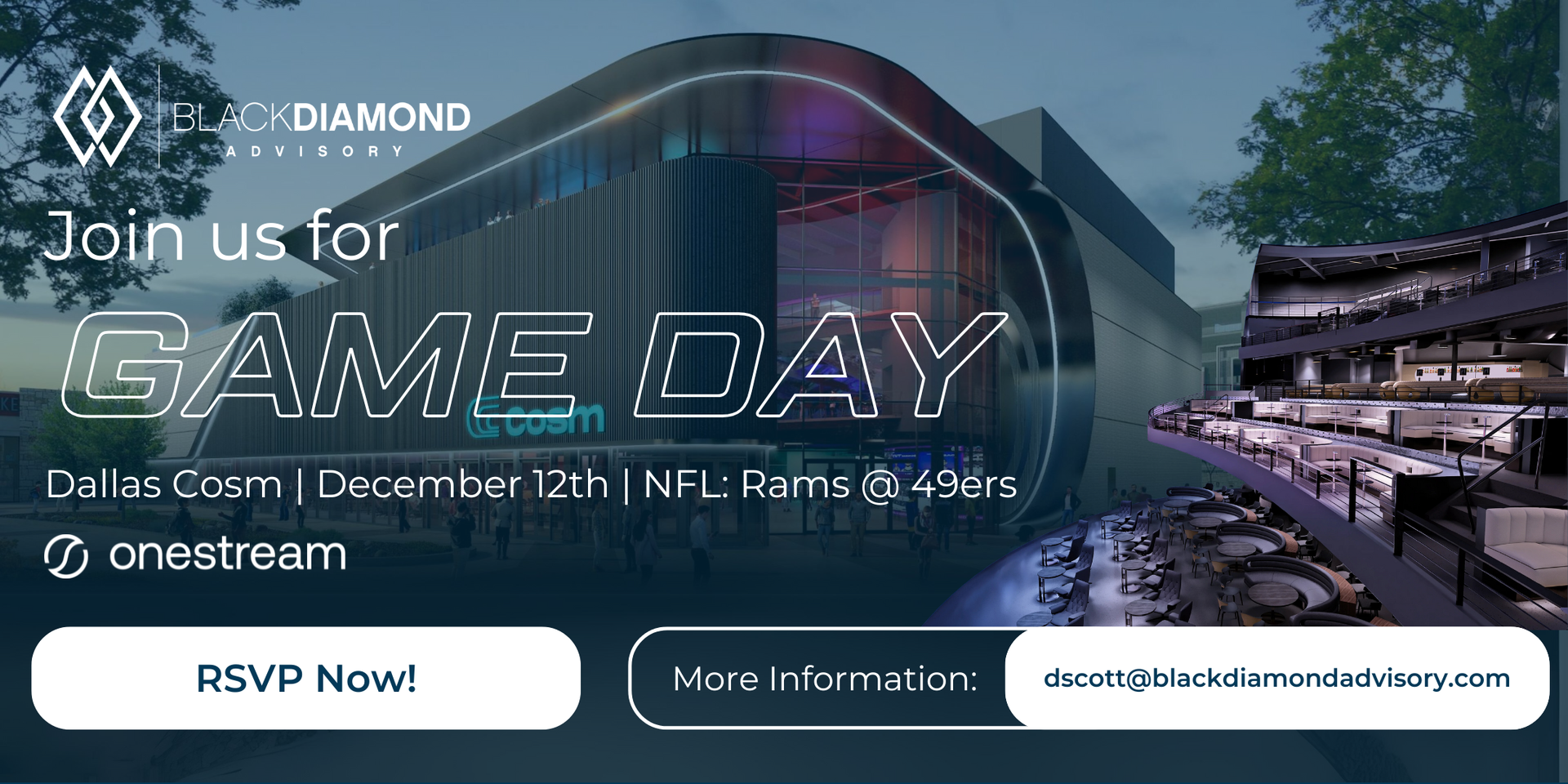 futuristic dallas cosm building overlayed with join us for game day on december 12th