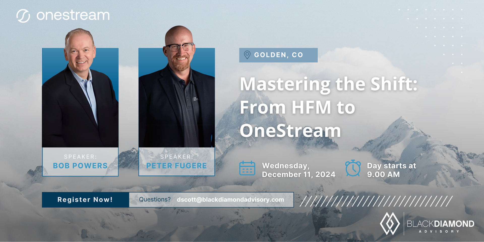 headshot of bob powers and peter fugere with snowy background with overlay of text saying mastering the shift: from hfm to onestream