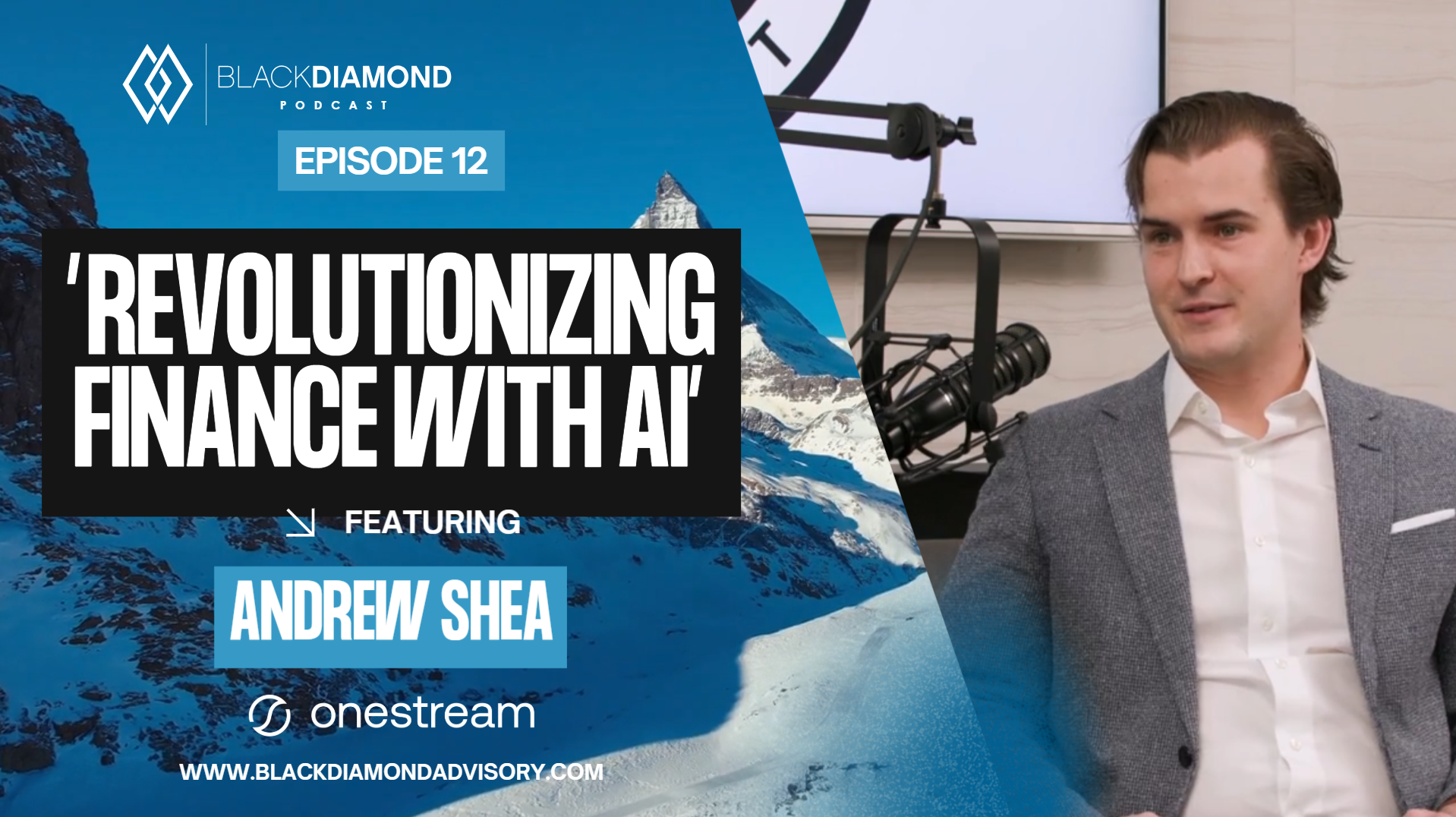 andrew shea speaking into a podcast microphone on a graphic about his revolution finance with ai episode