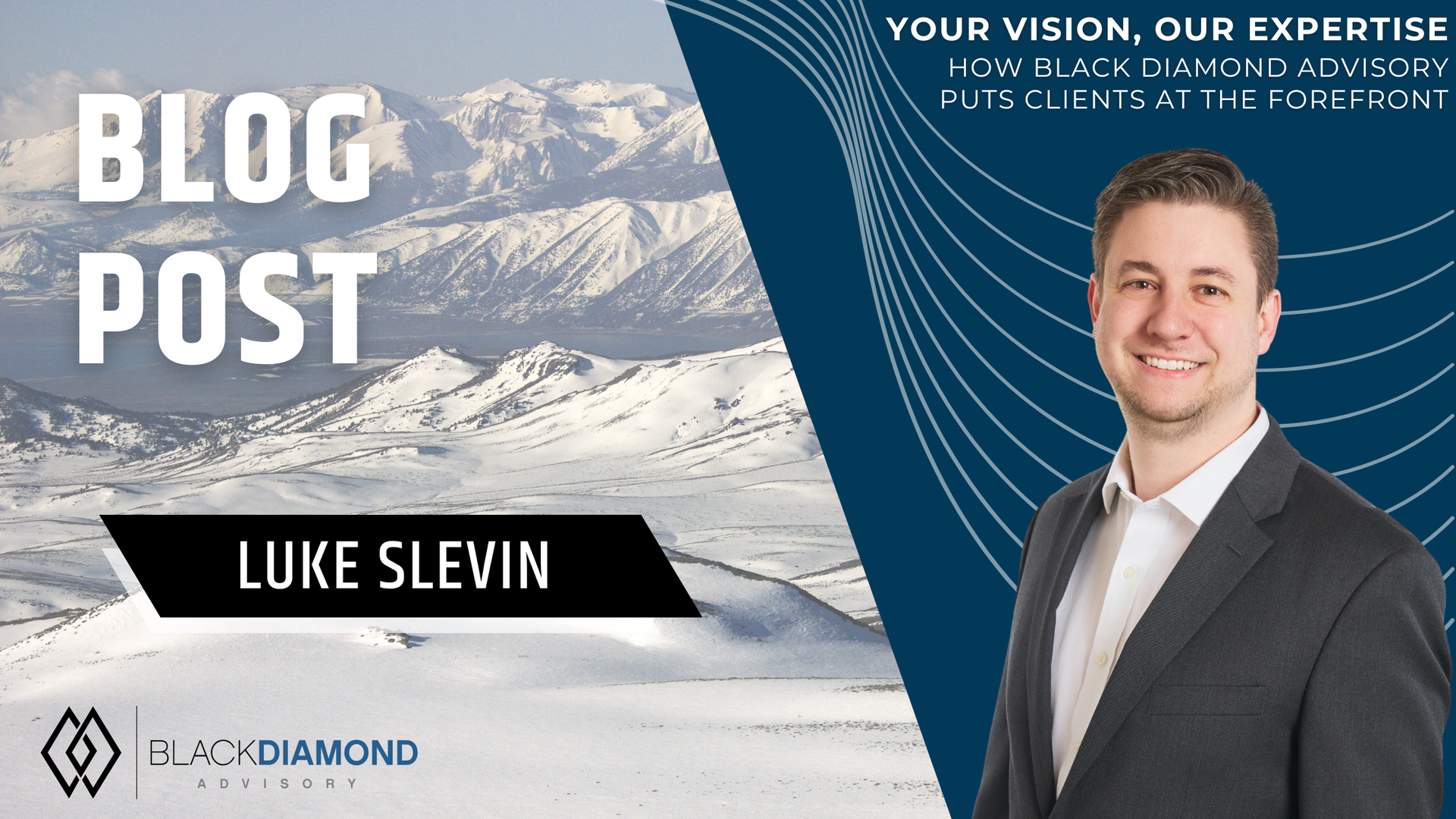 headshot of luke slevin on a graphic with snowy background and blue shape