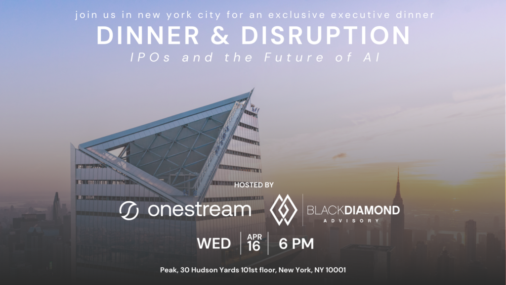 Tall building at sunset with city skyline and the title dinner & disruption